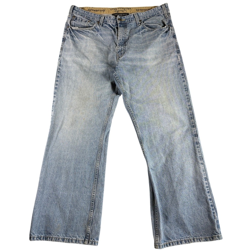 Levi Strauss Signature Low Loose Bootcut Jeans Mens 38x32 Blue Denim Whiskering
